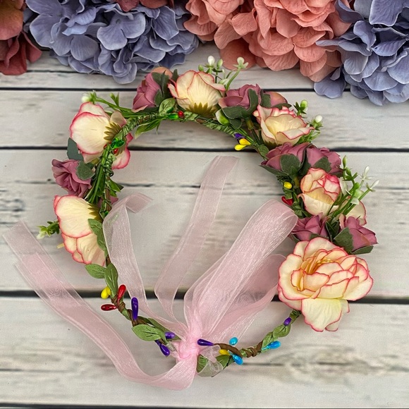 Bohemian Pink & Purple Rose Crown Hair Wreath - Picture 12 of 12
